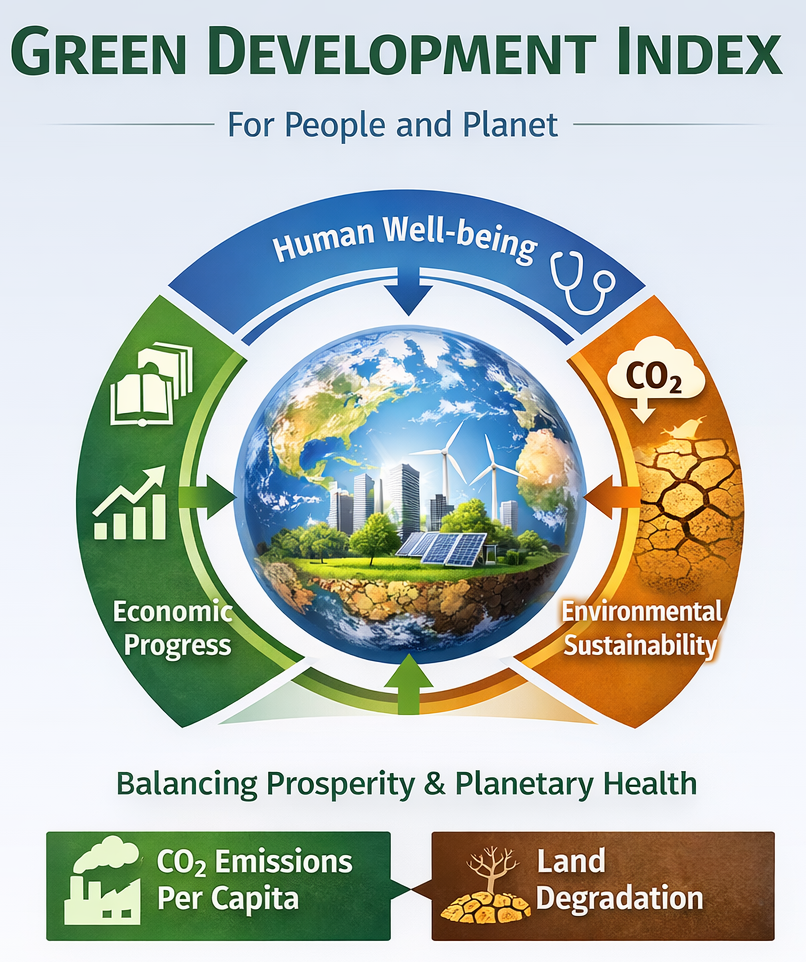Green Development Index diagram showing economic progress, human well-being, and environmental sustainability.